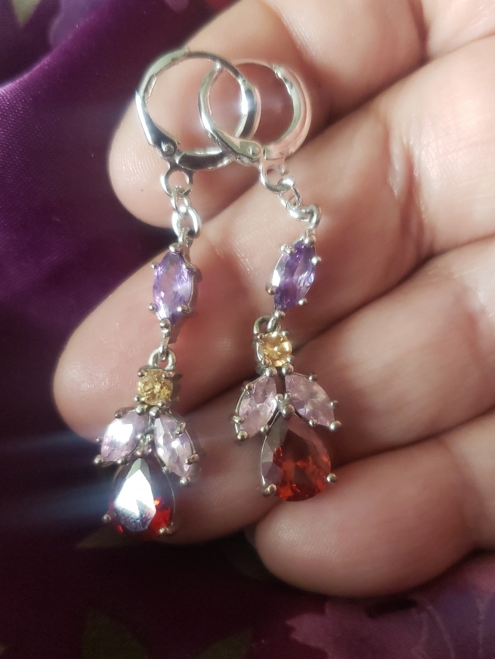 Stunning Mulit-Color Gemstone Silvertone Leverback Dangle Earrings So Pretty